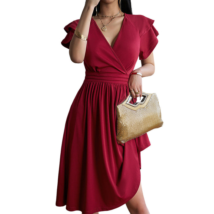 Reayama | Robe à manches courtes à col en V de couleur unie pour femmes