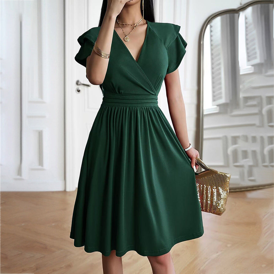 Reayama | Robe à manches courtes à col en V de couleur unie pour femmes