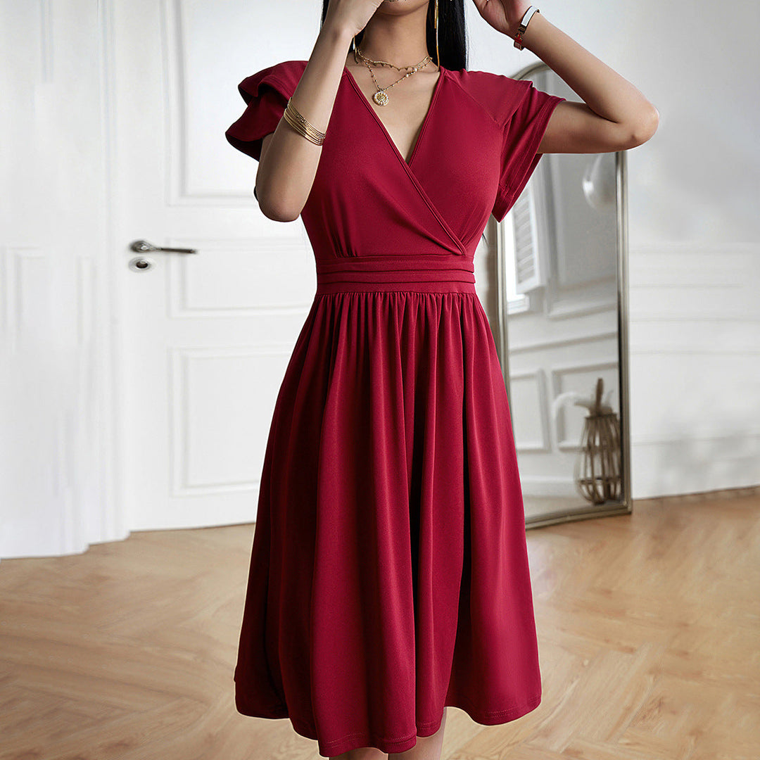 Reayama | Robe à manches courtes à col en V de couleur unie pour femmes