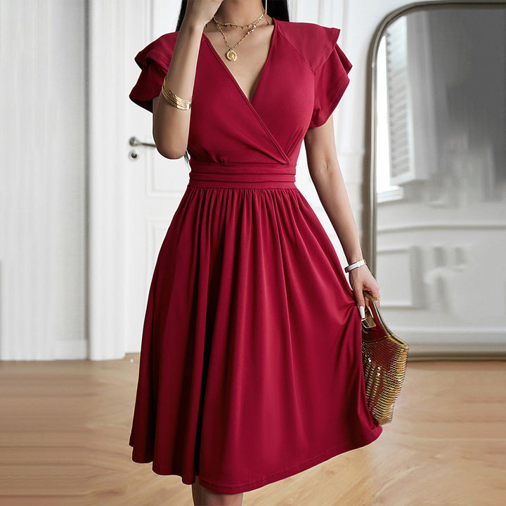 Reayama | Robe à manches courtes à col en V de couleur unie pour femmes