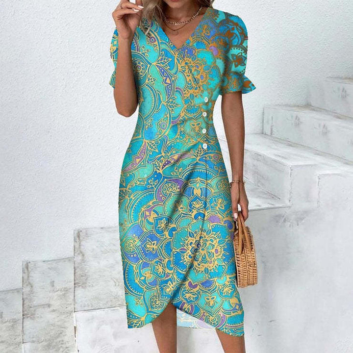 Robe midi fleurie bleu ciel pour femme avec imprimé floral coloré et silhouette fluide élégante