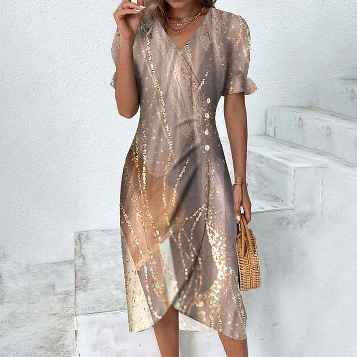 Robe midi fleurie or pour femme avec imprimé floral discret, manches courtes et style raffiné