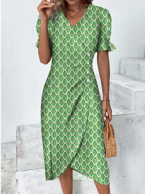 Robe d’été midi vert clair pour femme avec motif floral, coupe fluide et look estival frais