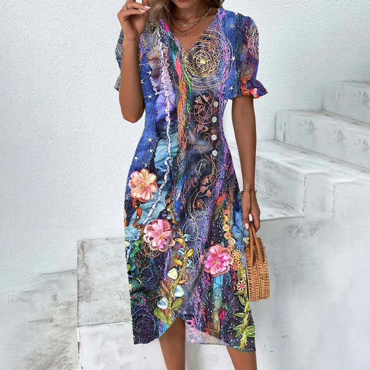 Robe midi fleurie violet pour femme avec imprimé floral coloré et coupe élégante au quotidien