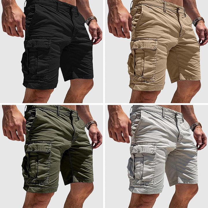 Présentation des shorts cargo bermuda pour homme en vert, noir, beige et blanc avec poches fonctionnelles