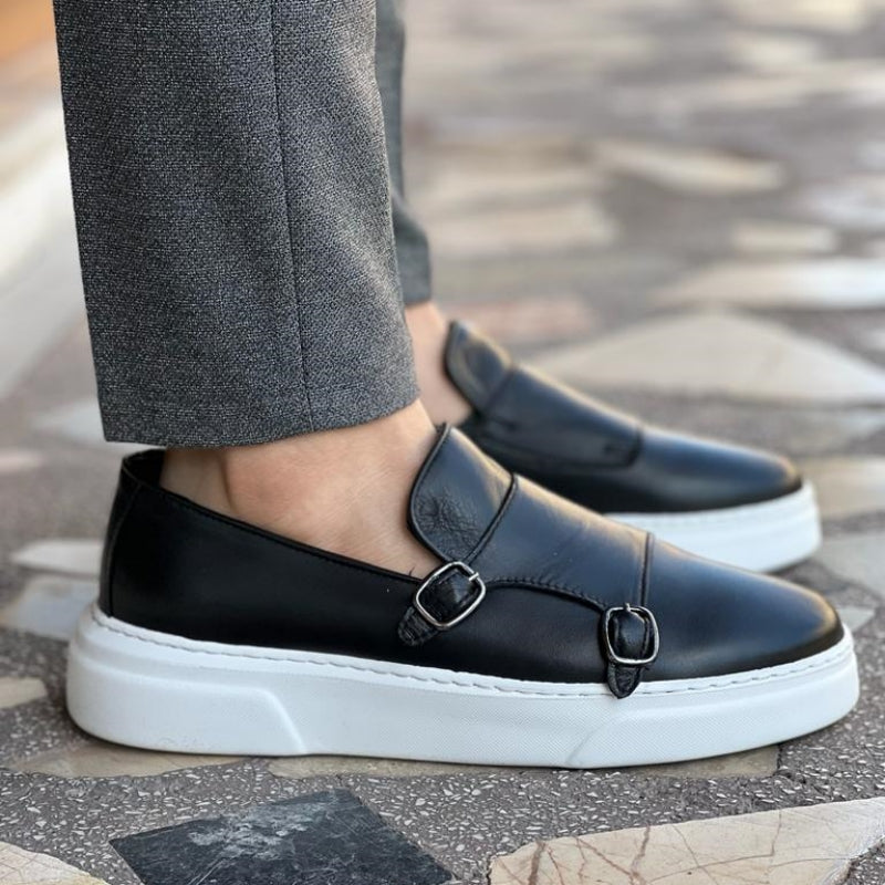 Mocassins en cuir noir pour homme avec bout rond, double boucle et semelle plateforme blanche