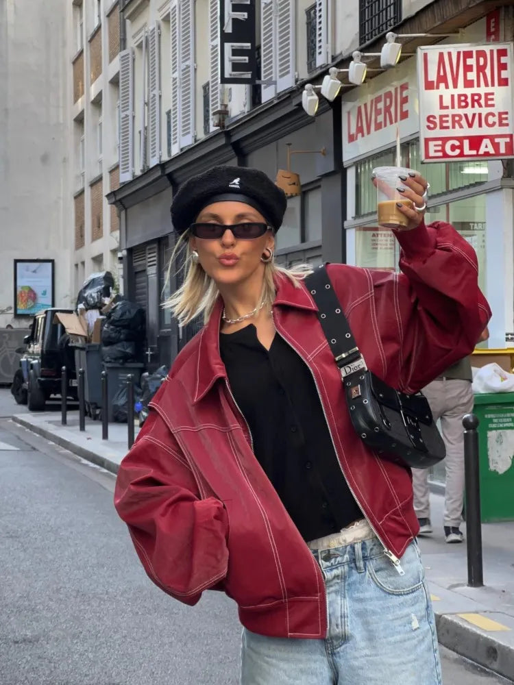 Seayana | Blouson en cuir vintage oversize pour femmes