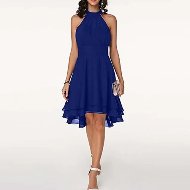 Robe élégante Saorala dos nu bleue pour femme, robe fluide tendance pour tenue féminine