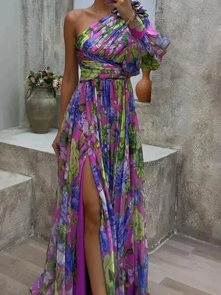 Liellela | Lilas côté impression fente une manche Sexy Maxi Robe