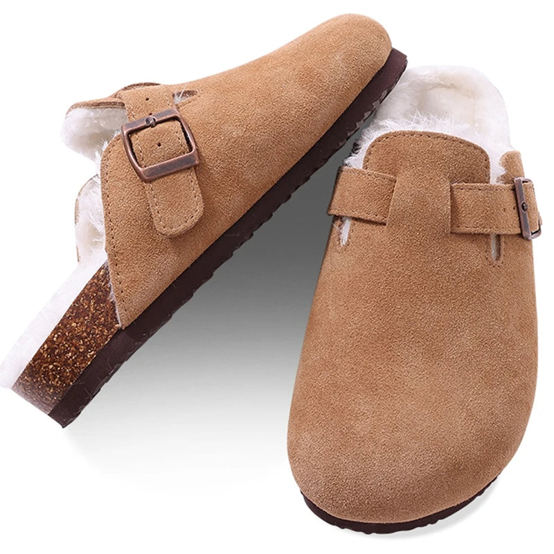 Seinara mules élégantes et chaudes pour femmes en brun, vue inclinée montrant la boucle
