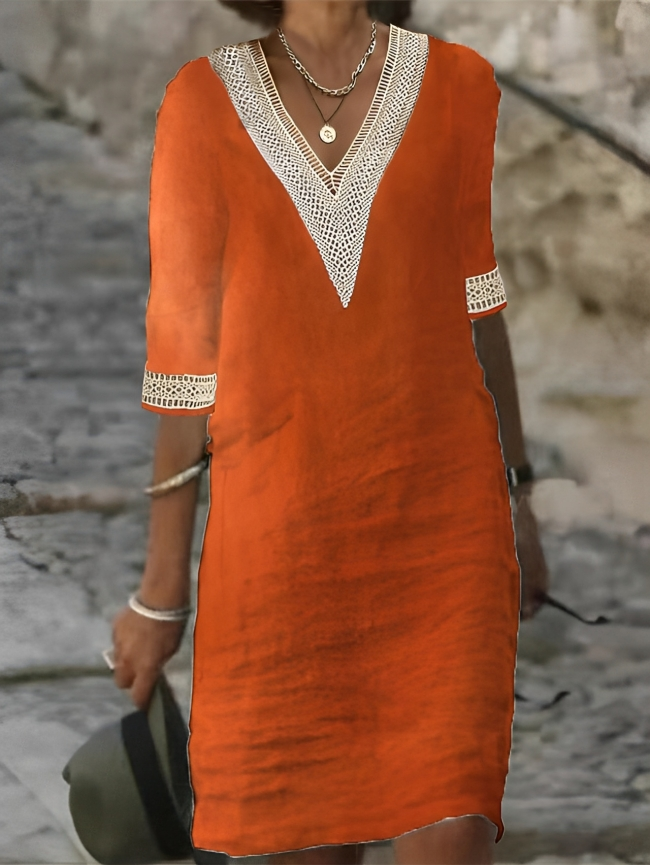 Robe d’été orange pour femme avec col en V décoré de crochet, coupe confortable et look ensoleillé