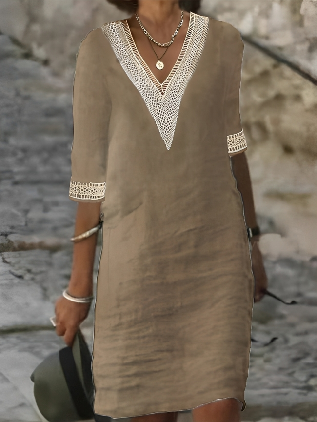 Robe d’été kaki pour femme avec col en V en crochet, coupe fluide et style naturel décontracté