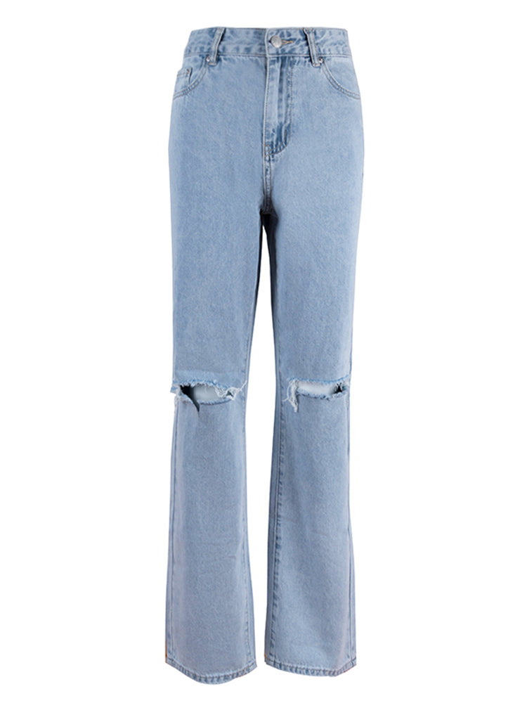 Noena | Jeans femme coupe loose déchiré jambe large taille haute décontracté Baggy Jeans