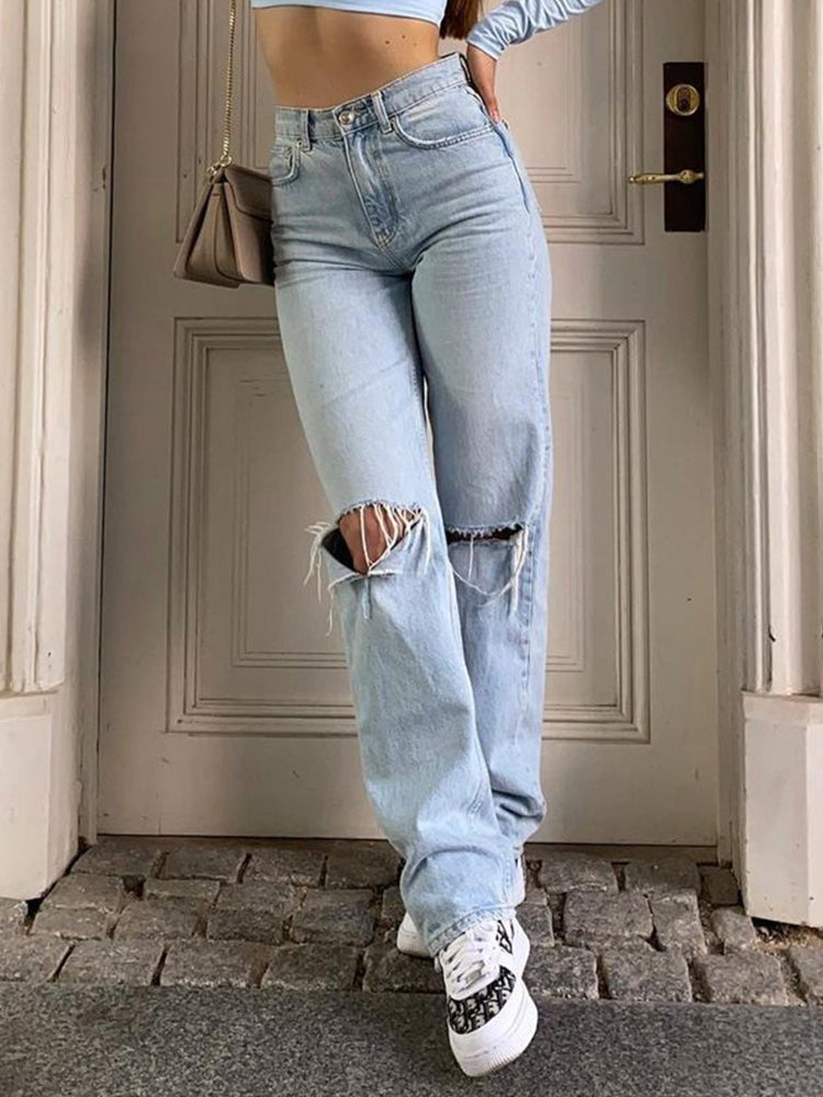 Noena | Jeans femme coupe loose déchiré jambe large taille haute décontracté Baggy Jeans