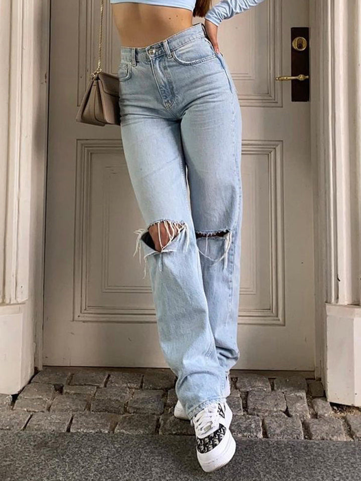 Noena | Jeans femme coupe loose déchiré jambe large taille haute décontracté Baggy Jeans