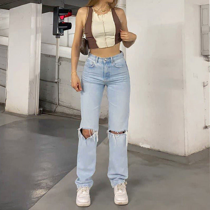Noena | Jeans femme coupe loose déchiré jambe large taille haute décontracté Baggy Jeans