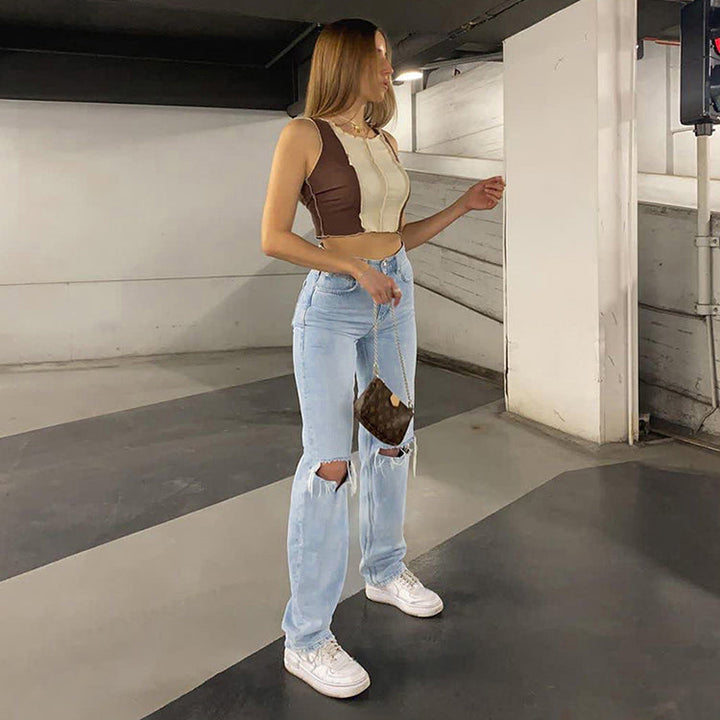 Noena | Jeans femme coupe loose déchiré jambe large taille haute décontracté Baggy Jeans