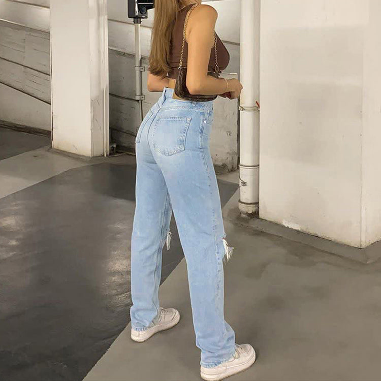 Noena | Jeans femme coupe loose déchiré jambe large taille haute décontracté Baggy Jeans