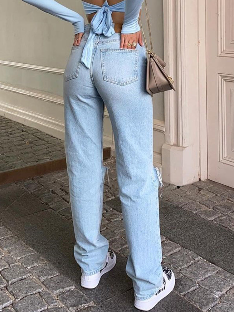 Noena | Jeans femme coupe loose déchiré jambe large taille haute décontracté Baggy Jeans