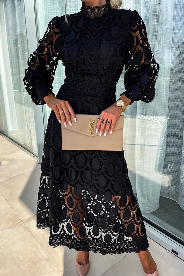 Neliasa | Elégante robe midi à manches lanterne en dentelle crochetée