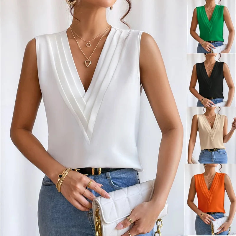 Aperçu des blouses élégantes sans manches en blanc, beige, vert, orange et noir avec décolleté en V