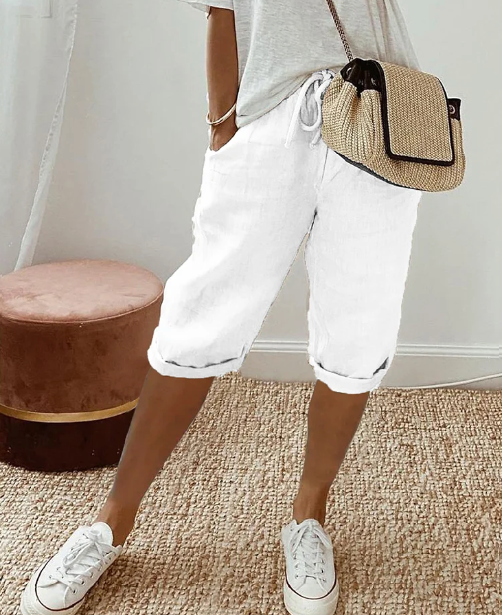 Short en lin blanc pour homme avec taille confortable, coupe ample et style élégant pour l’été