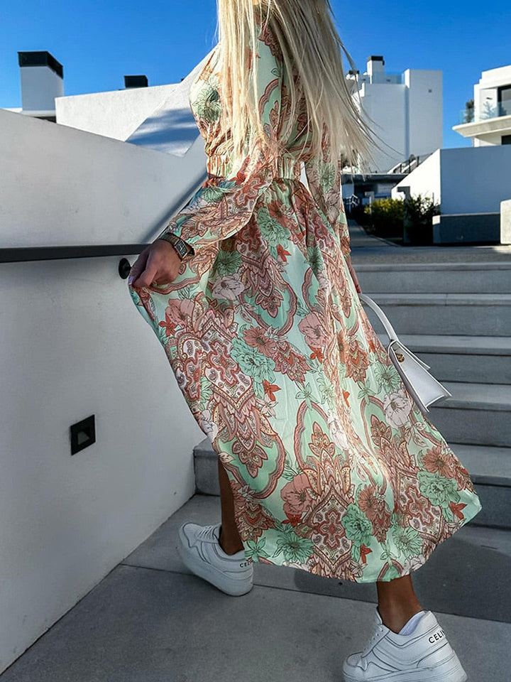 Reelleasa | Robe Slim Imprimée à Manches Longues pour Femmes
