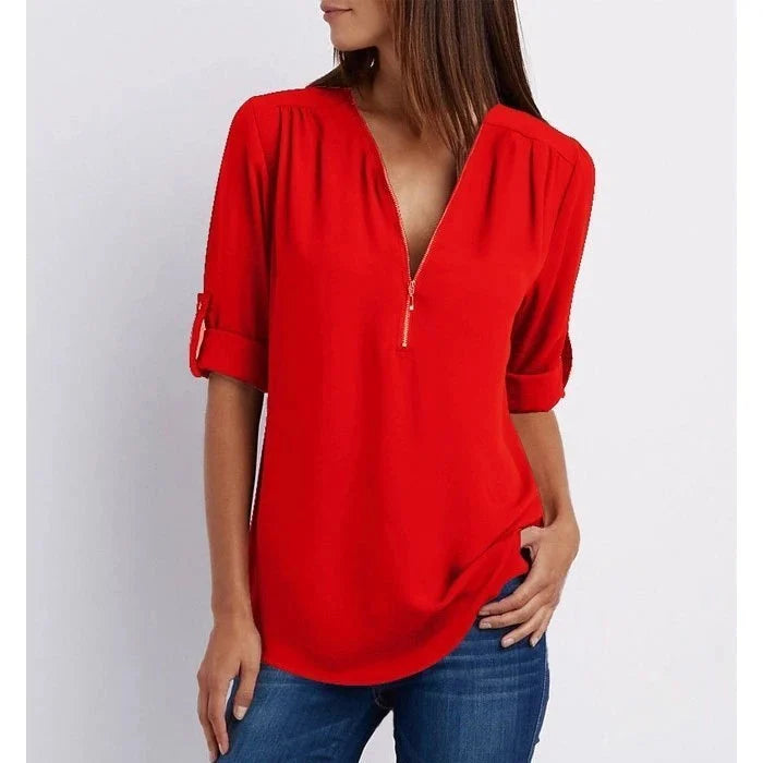 Vaosiala | Plus Size Blouse à manches 3/4 en vrac avec fermeture éclair