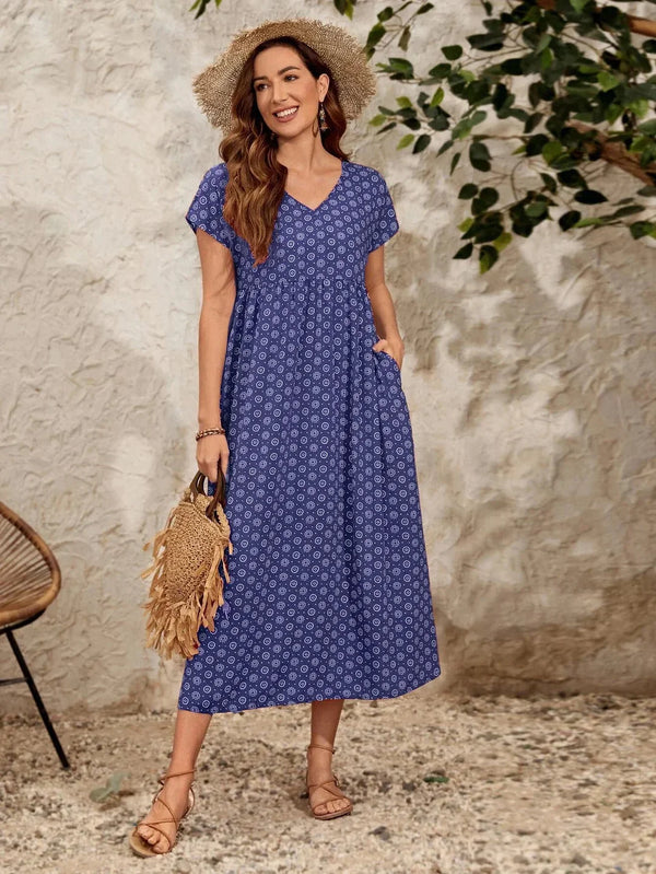 Luosiala | Robe à col V en lin et coton vintage