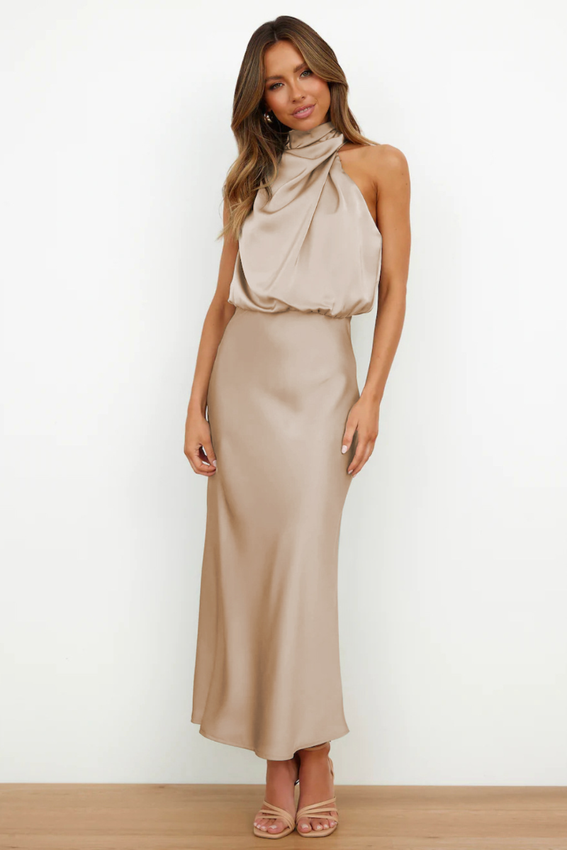 Roosiana | Robe midi élégante avec col rond asymétrique