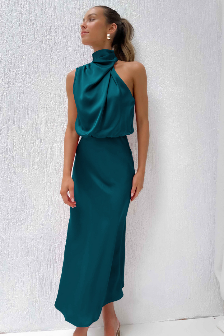 Roosiana | Robe midi élégante avec col rond asymétrique