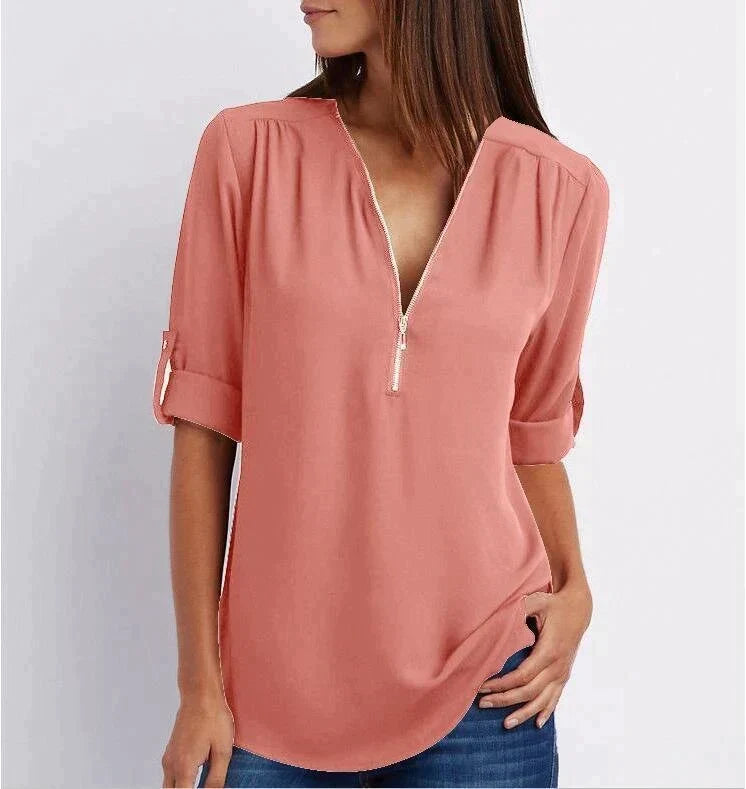 Vaosiala | Plus Size Blouse à manches 3/4 en vrac avec fermeture éclair