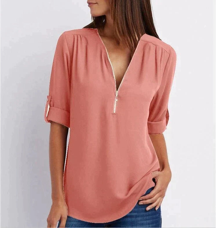 Vaosiala | Plus Size Blouse à manches 3/4 en vrac avec fermeture éclair