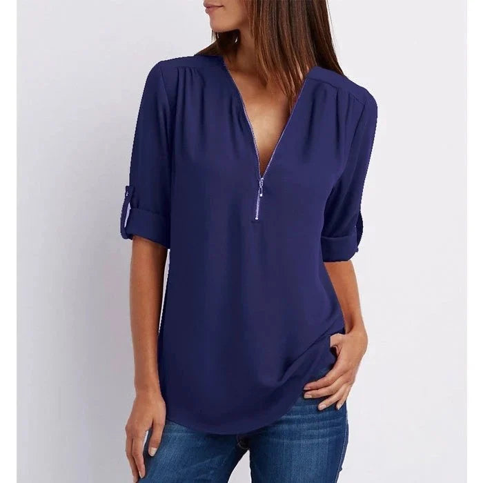Vaosiala | Plus Size Blouse à manches 3/4 en vrac avec fermeture éclair