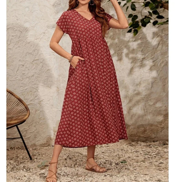 Luosiala | Robe à col V en lin et coton vintage