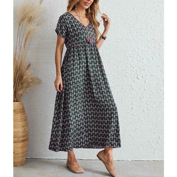 Luosiala | Robe à col V en lin et coton vintage
