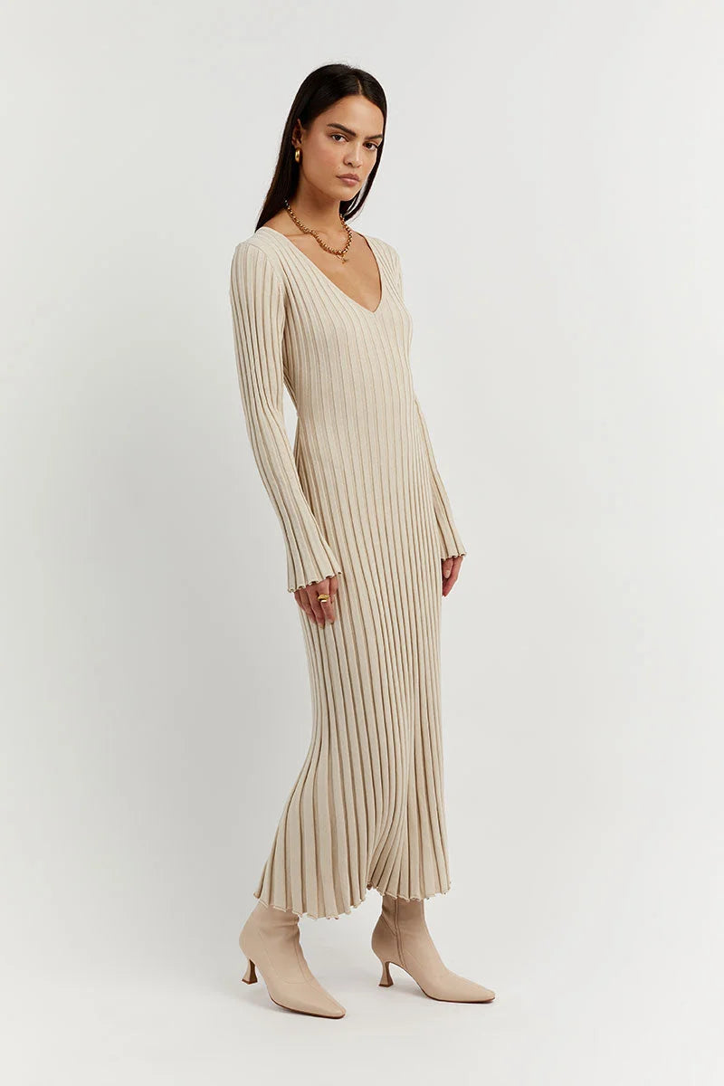 Roayaxa | Robe midi tricotée col V pour femmes
