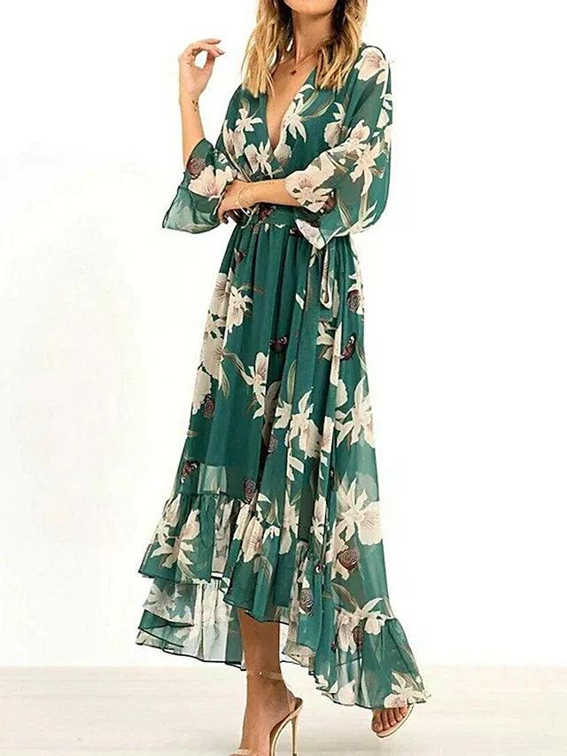 Nouna | Robe verte élégante à volants avec bande de taille