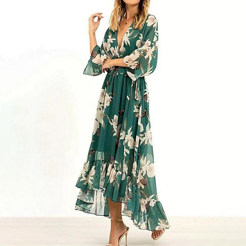 Nouna | Robe verte élégante à volants avec bande de taille