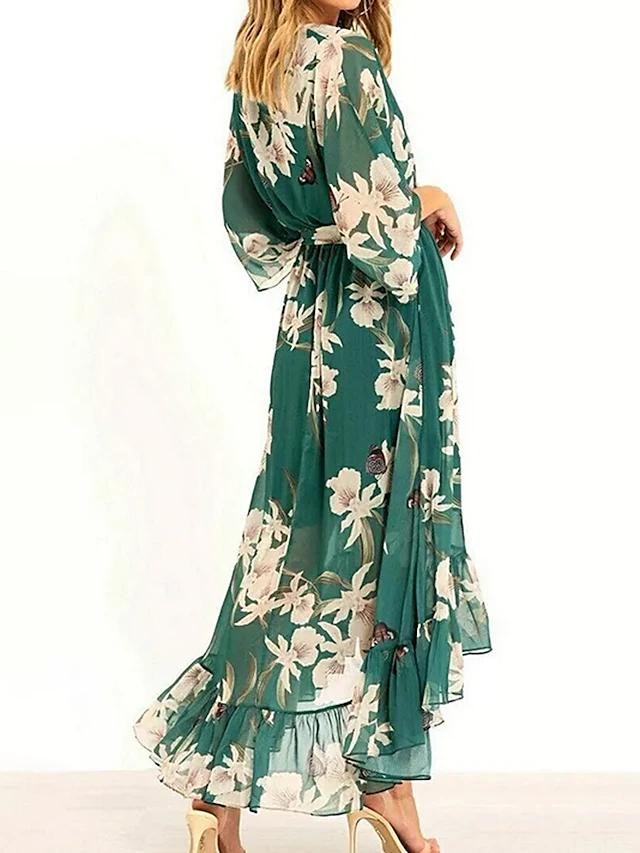 Nouna | Robe verte élégante à volants avec bande de taille
