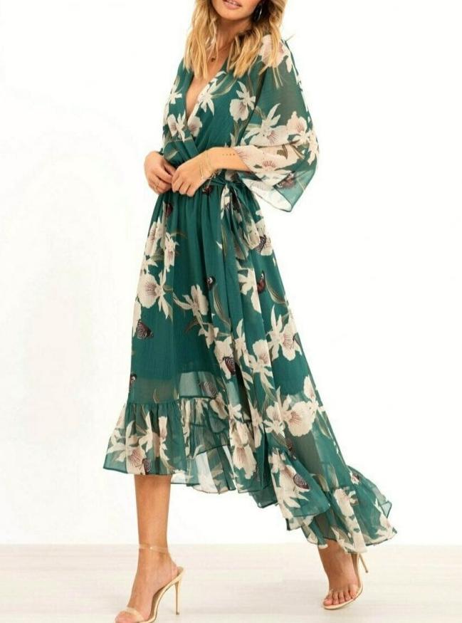 Nouna | Robe verte élégante à volants avec bande de taille