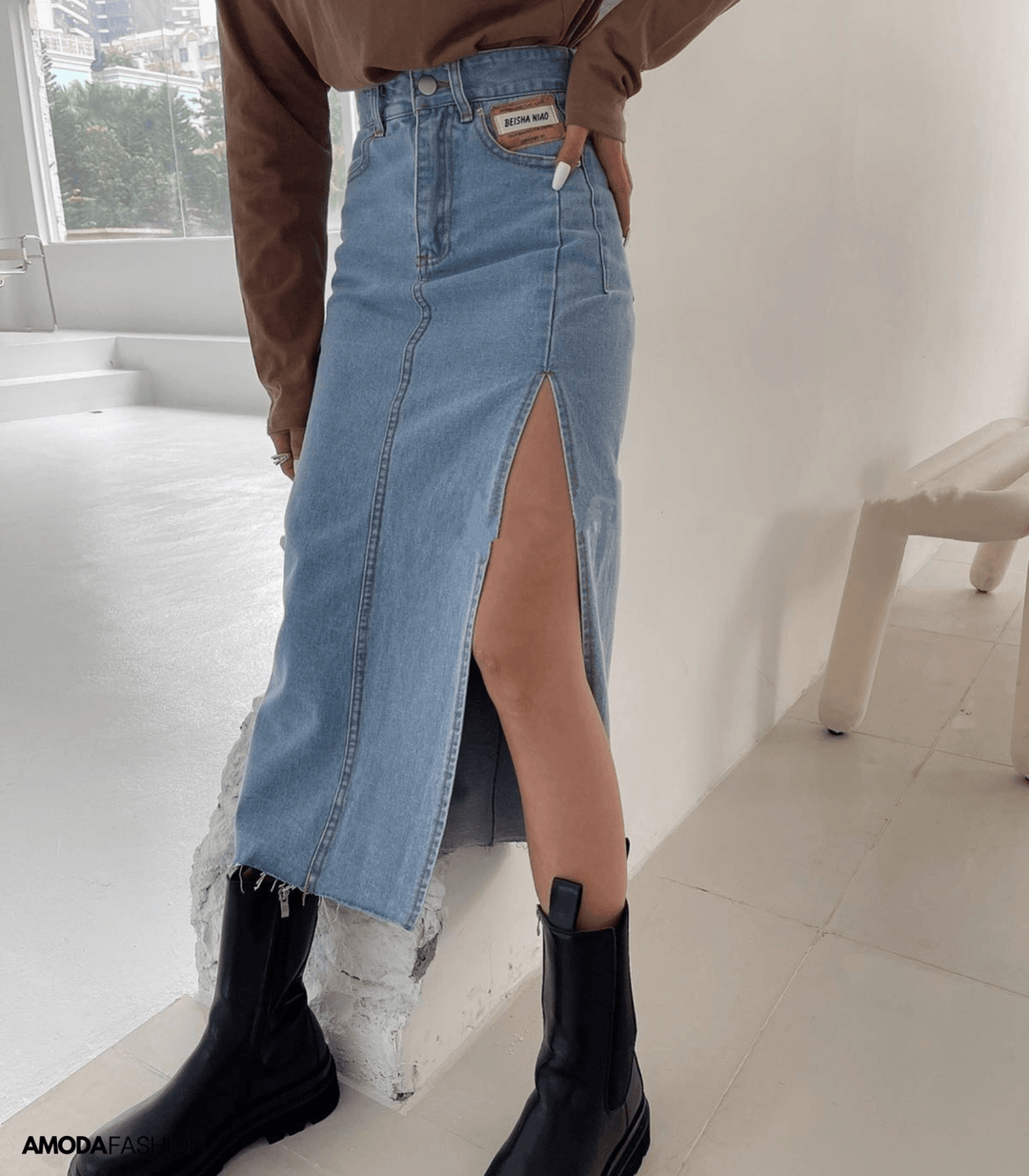 Seliasa | Longue jupe en denim crayon avec fentes latérales