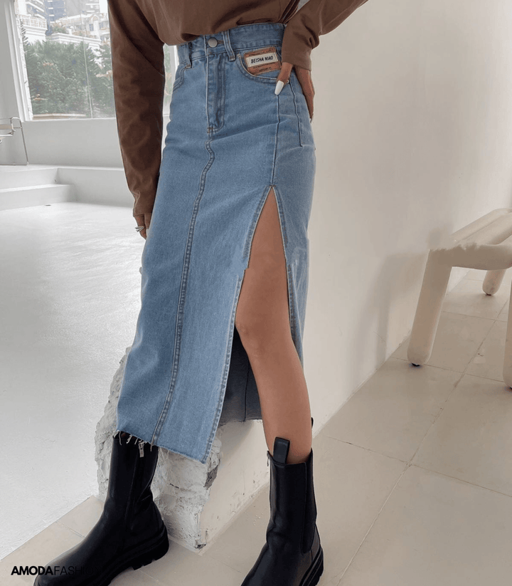 Seliasa | Longue jupe en denim crayon avec fentes latérales