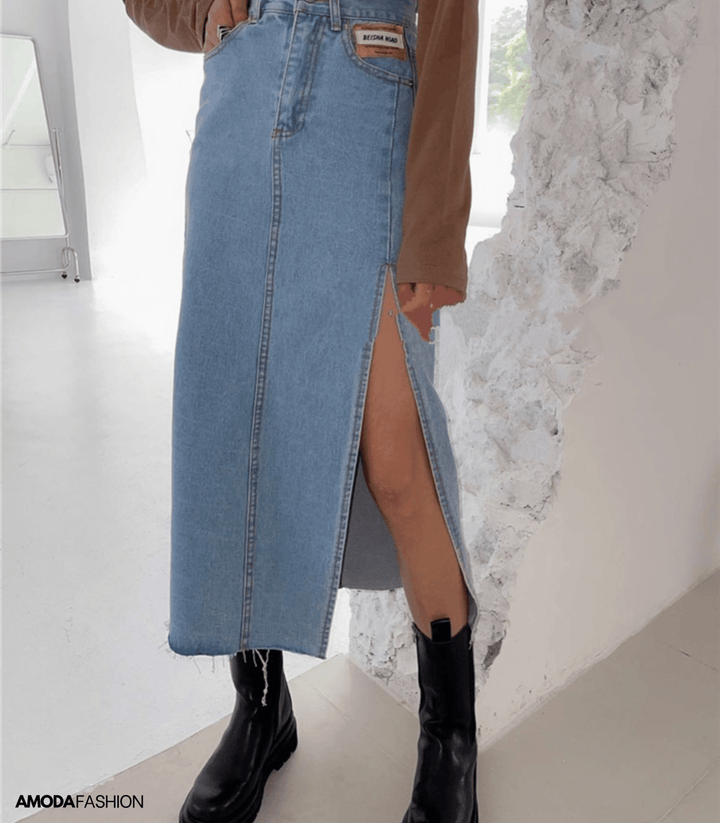 Seliasa | Longue jupe en denim crayon avec fentes latérales