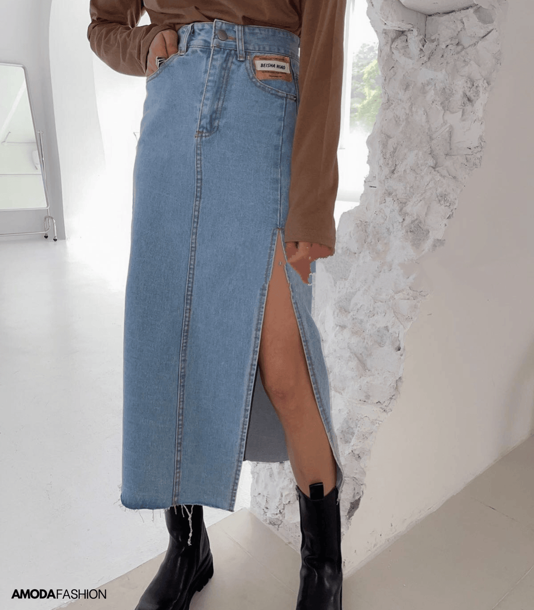 Seliasa | Longue jupe en denim crayon avec fentes latérales