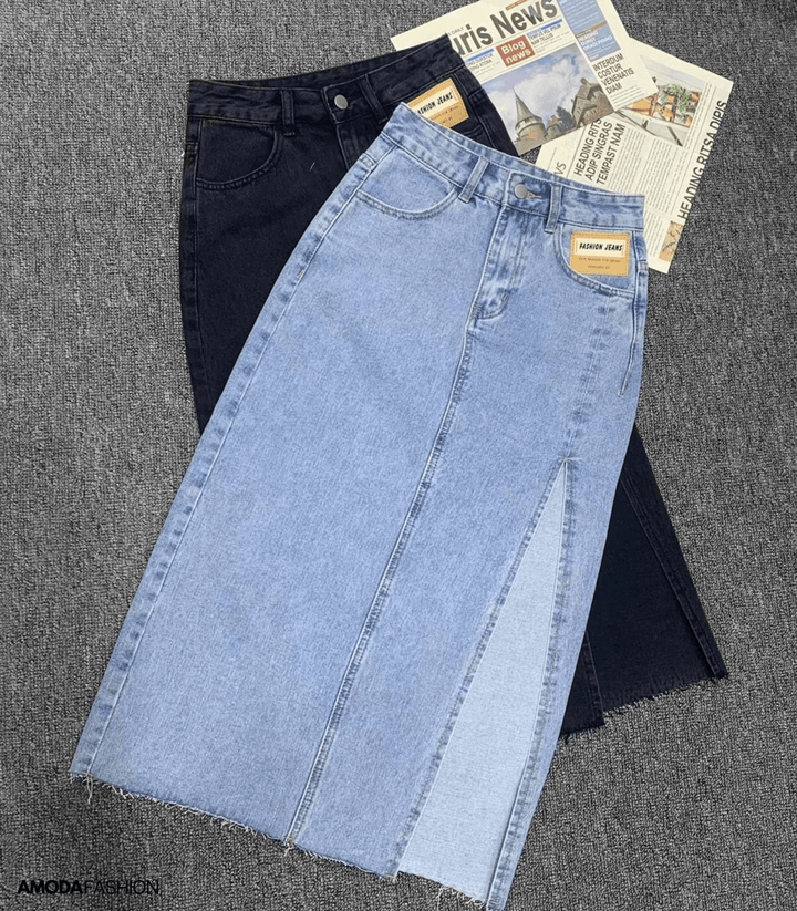 Seliasa | Longue jupe en denim crayon avec fentes latérales
