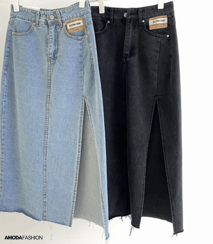 Seliasa | Longue jupe en denim crayon avec fentes latérales